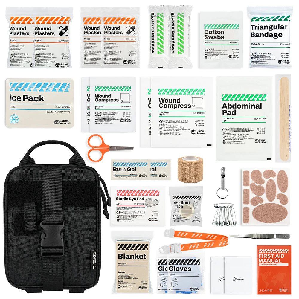 Kit de premiers secours SONORA avec bandages, pansements et outils essentiels pour les soins d'urgence à la maison.