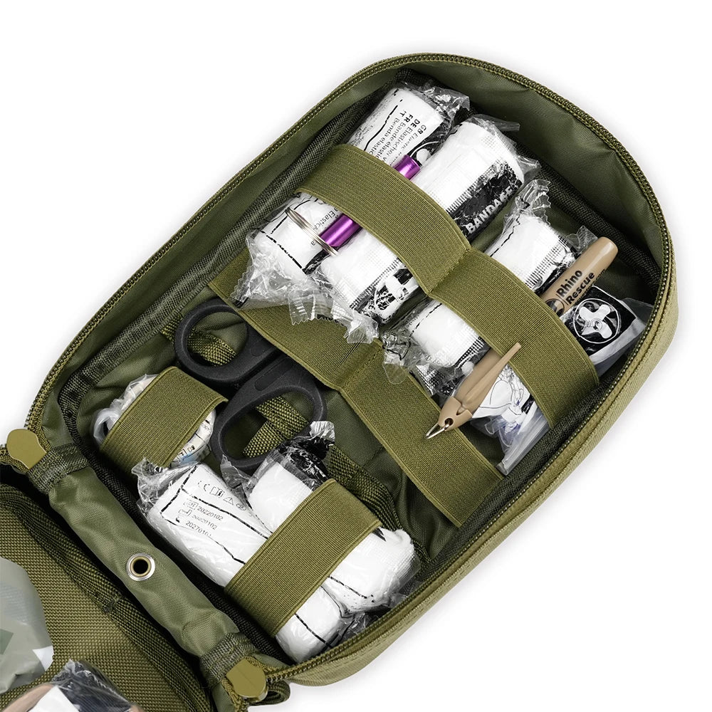 Kit de premiers secours SONORA contenant des bandages, antiseptiques et ciseaux pour les urgences et soins rapides.