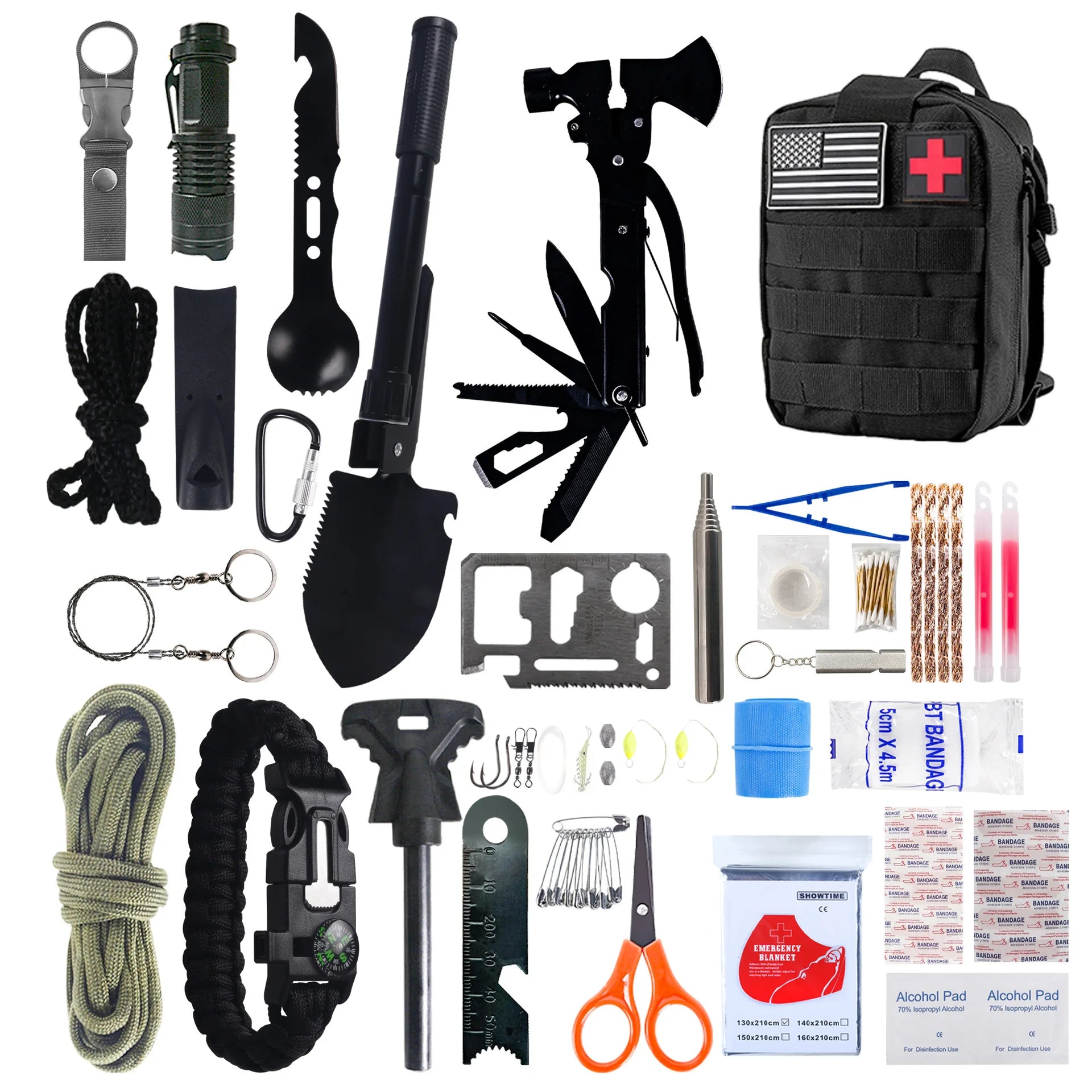 Kit de survie de 72 heures SONORA avec bouteilles d'eau, nourriture, lampe de poche et équipements essentiels.
