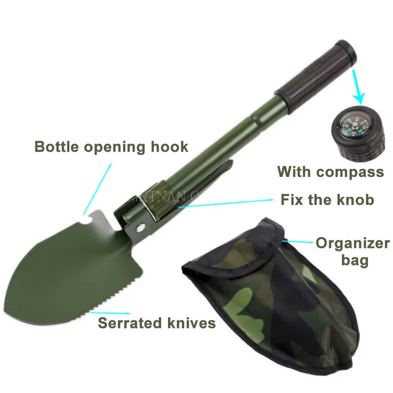 Pelle pliante portable SONORA, manche en acier et tête en plastique, pliable pour le camping ou le jardinage.