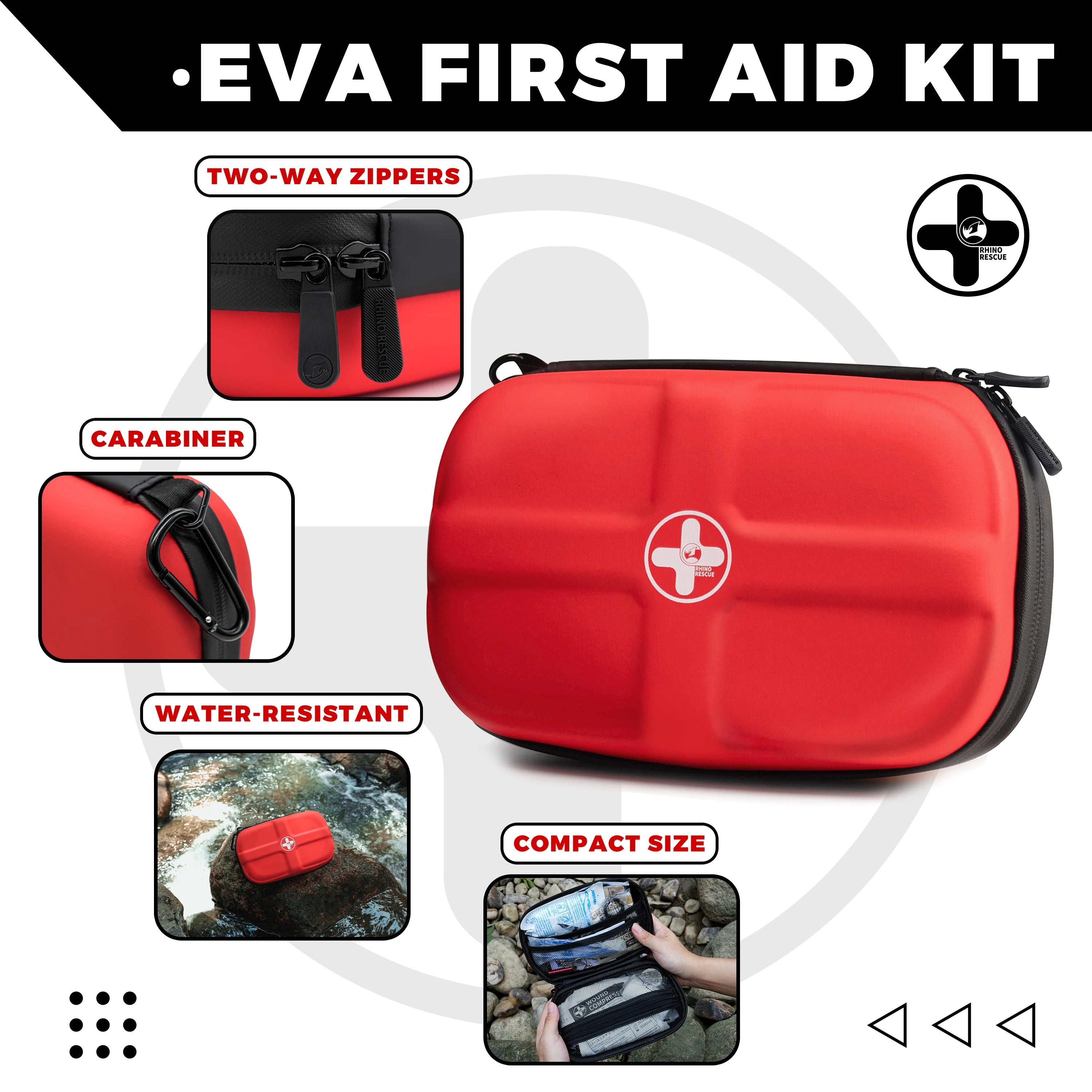 Kit d'urgence portable étanche SONORA de couleur rouge, contenant des accessoires pour les situations d'urgence.