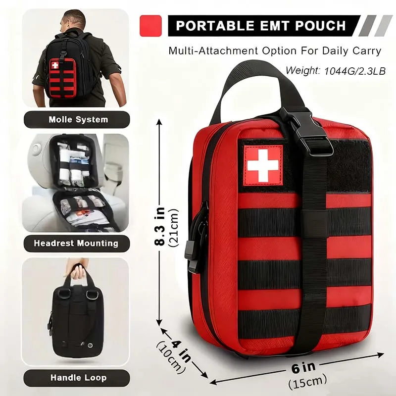 Kit de secours complet SONORA rouge avec fournitures essentielles pour premiers soins et intervention d'urgence.
