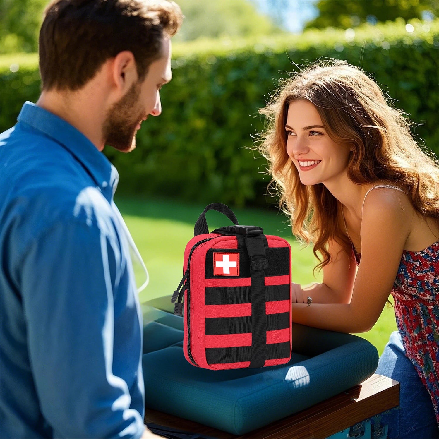 Kit de secours complet SONORA avec pansements, bandages et outils de premiers secours rouges, pour une utilisation d'urgence.