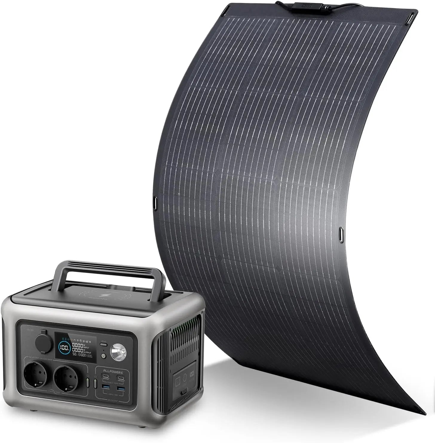 Station d’énergie portable solaire SONORA avec panneaux solaires, affichage numérique et ports de recharge pour appareils.