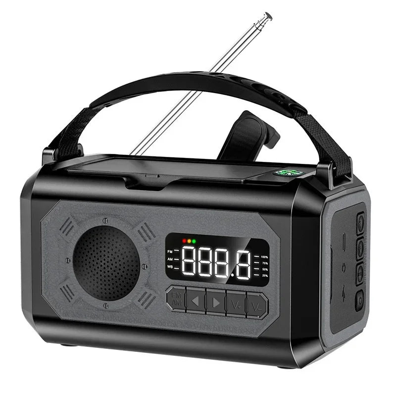 Radio d’urgence solaire à manivelle SONORA avec batterie de 12000mAh, couleur verte, équipée de manivelle et de ports de chargement.
